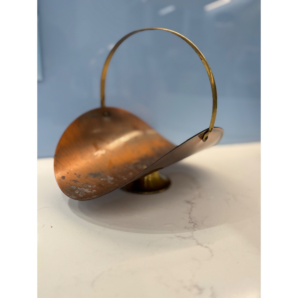 Vintage Copper and Brass Decorative Basket Pedestal Coal Scuttle Style Bowl